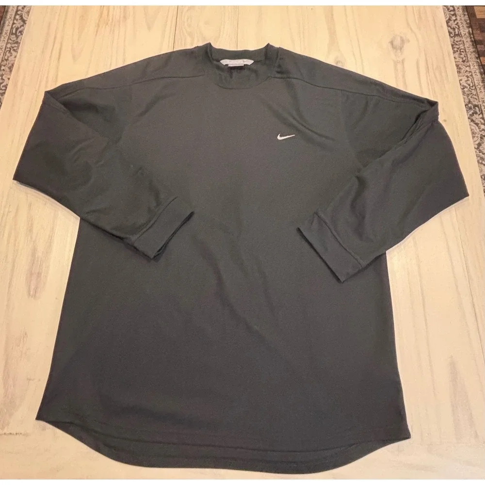 Nike Mens Long Sleeve Athletic Performance Shirt Black Embroidered Swoosh Large